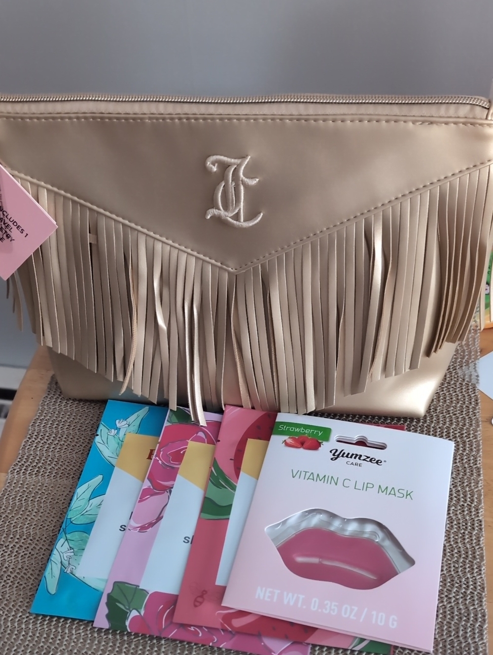 Fringe Cosmetic Clutch W/Skincare Bundle In Metallic Gold New